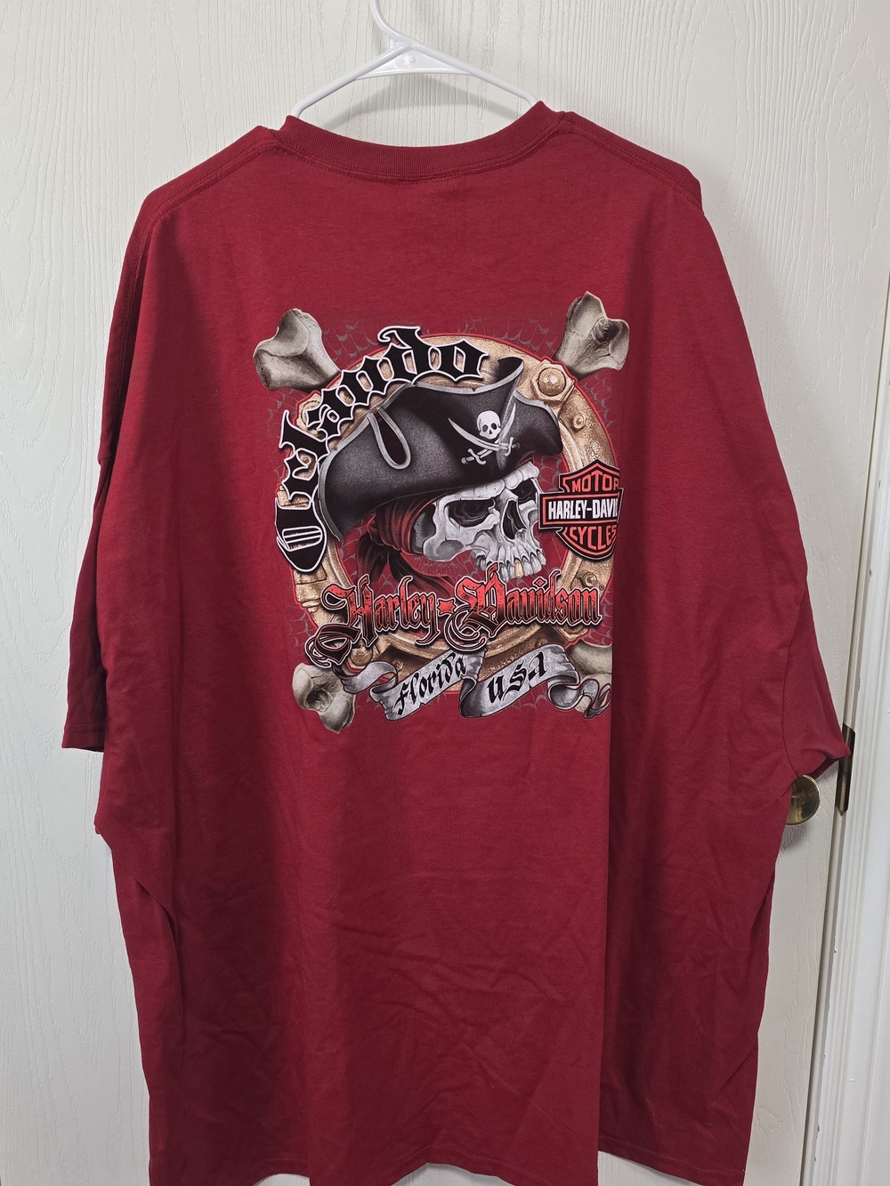 Harley-Davidson Red Short-Sleeve Tee with Pirate Skull Graphic